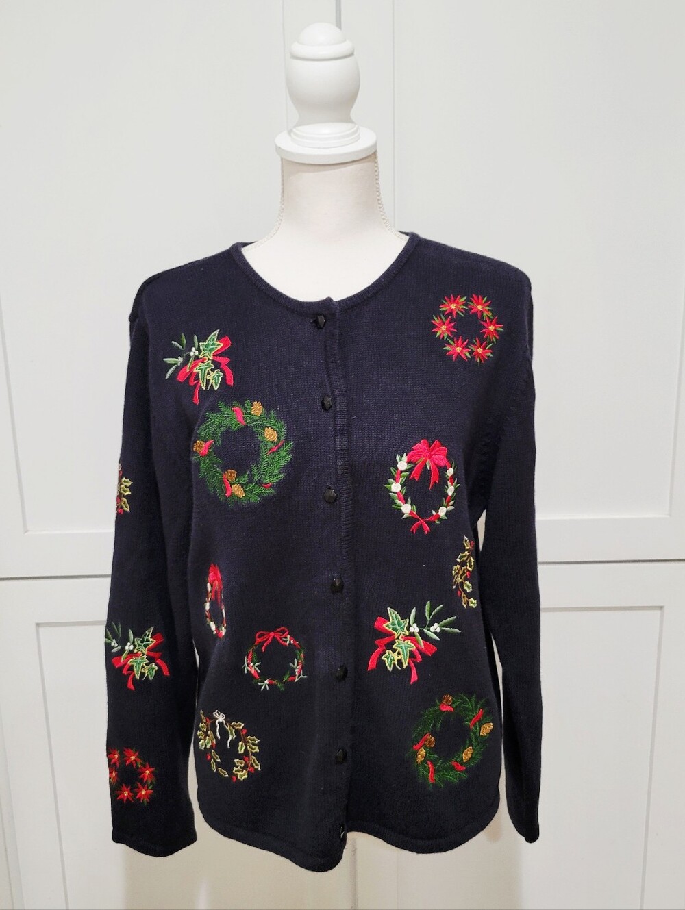 Talbots Navy Embroidered Holiday Wreath Cardigan